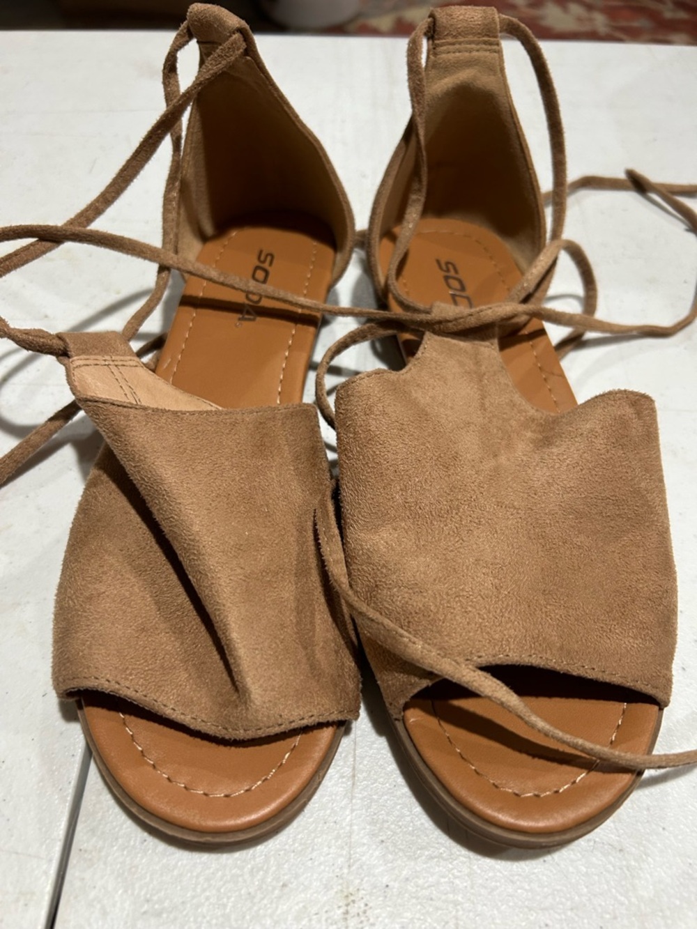 Soda Tan Suede Lace-Up Open Toe Sandals